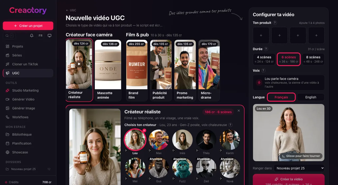Écran de l'application Creactory — Tu choisis qui le présente