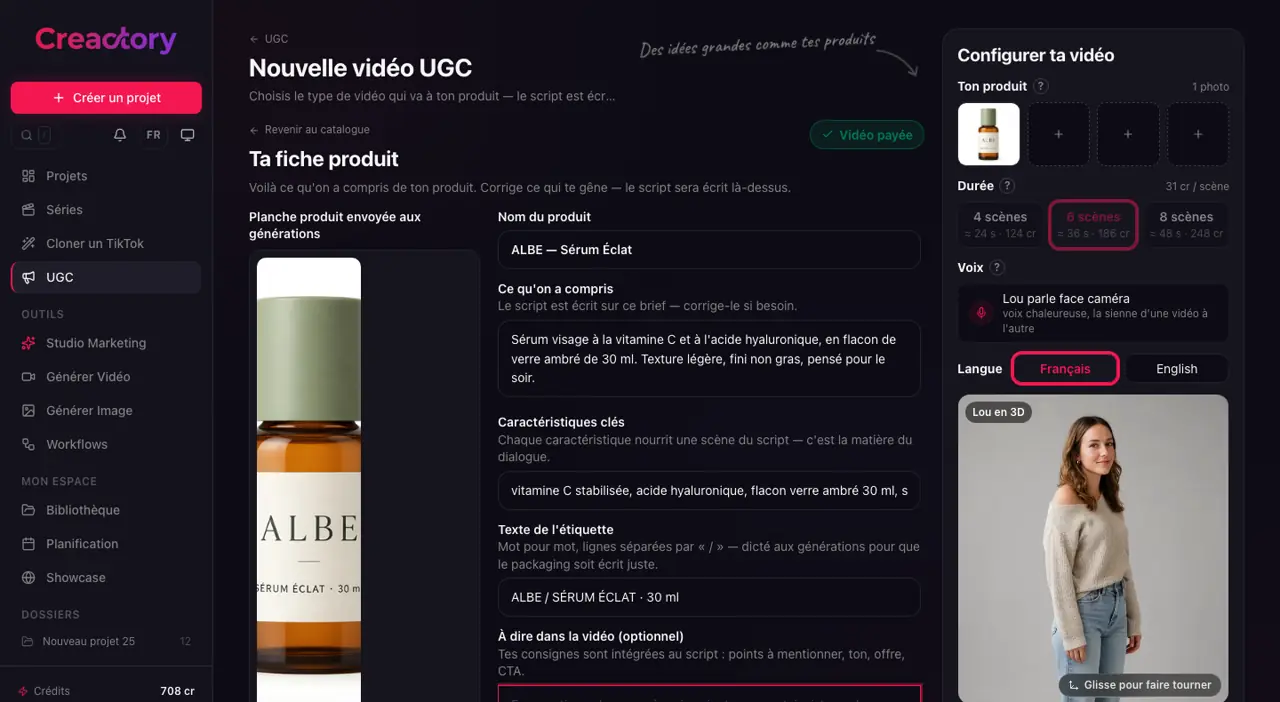 Écran de l'application Creactory — L'IA lit ton produit